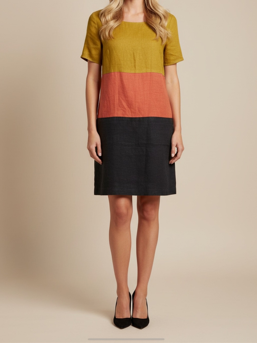 ANDREA JOVINE /100% LINEN Short Sleeve Colorblock Dress